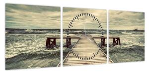 Obraz drewnianego molo na morzu (z zegarem) (90x30 cm)