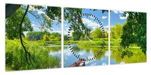 Obraz letniej rzeki z łodzią (z zegarem) (90x30 cm)