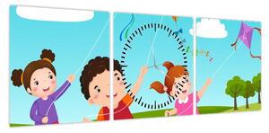 Obraz - Dzieci latają latawcem (z zegarem) (90x30 cm)
