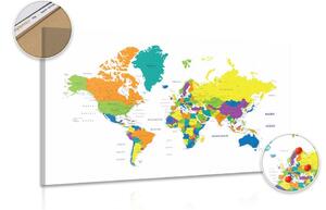 Obraz na korku kolorowa mapa świata na białym tle