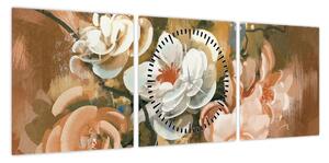 Obraz- Malowany bukiet kwiatów (z zegarem) (90x30 cm)