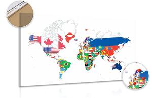 Obraz na korku mapa świata z flagami z białym tłem