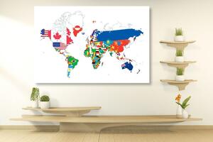 Obraz na korku mapa świata z flagami z białym tłem