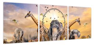 Obraz - Afrykańskie zwierzęta (z zegarem) (90x30 cm)