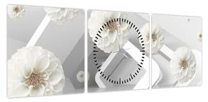 Abstrakcyjny obraz z białawymi kwiatami (z zegarem) (90x30 cm)
