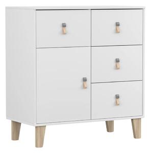 Komoda Figo 4S1D biała – 4 szuflady + 1 szafka, drewniane nogi, skórzane uchwyty, 90x96x45 cm