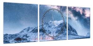 Obraz gór z gwieździstym niebem (z zegarem) (90x30 cm)