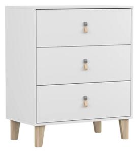 Komoda Figo 3S biała – 3 szuflady, drewniane nogi, skórzane uchwyty, 80x96x45cm