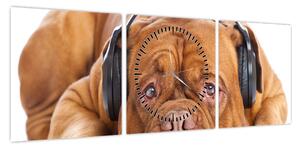 Obraz psa ze słuchawkami (z zegarem) (90x30 cm)