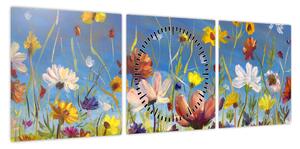 Malowany obraz kwitnącej łąki (z zegarem) (90x30 cm)