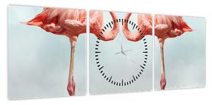 Obraz dwóch flamingów (z zegarem) (90x30 cm)