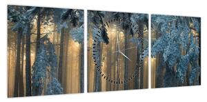Obraz zaśnieżonego lasu (z zegarem) (90x30 cm)