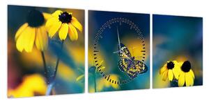 Obraz - Żółty motyl z kwiatami (z zegarem) (90x30 cm)