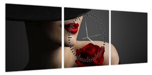 Obraz - Kobieta z różą (z zegarem) (90x30 cm)
