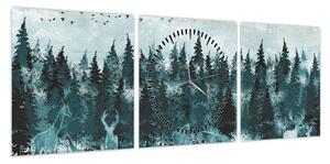 Obraz - Zwierzęta w lesie (z zegarem) (90x30 cm)