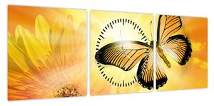 Obraz - Żółty motyl z kwiatkiem (z zegarem) (90x30 cm)