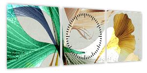 Obraz - Liście z piórami (z zegarem) (90x30 cm)