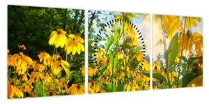 Obraz żółtych kwiatów (z zegarem) (90x30 cm)