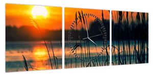 Obraz - Zachód słońca nad jeziorem (z zegarem) (90x30 cm)