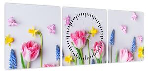 Obraz wiosennych kwiatów (z zegarem) (90x30 cm)