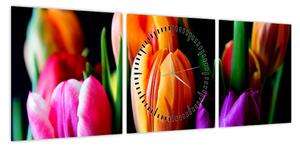 Obraz tulipanów na czarnym tle (z zegarem) (90x30 cm)