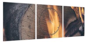 Obraz płonącego drewna (z zegarem) (90x30 cm)