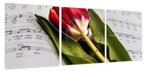 Obraz czerwonego tulipana (z zegarem) (90x30 cm)