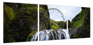 Obraz klifu z wodospadem (z zegarem) (90x30 cm)