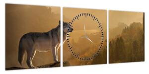 Obraz wilka na skale (z zegarem) (90x30 cm)