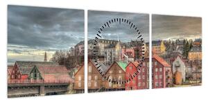 Obraz - domy nad rzeką (z zegarem) (90x30 cm)