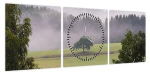 Obraz łąki z drzewem (z zegarem) (90x30 cm)