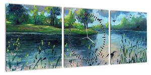 Obraz - Obraz olejny, Wczesny letni wieczór nad jeziorem (z zegarem) (90x30 cm)