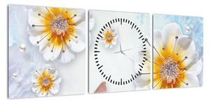 Obraz - Kompozycja z kwiatami i motylami (z zegarem) (90x30 cm)