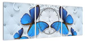 Obraz - Niebieskie motyle (z zegarem) (90x30 cm)
