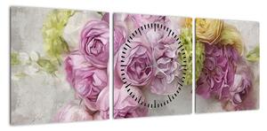 Obraz - Kwiaty na ścianie w pastelowych kolorach (z zegarem) (90x30 cm)
