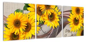 Obraz - Świecące kwiaty słonecznika (z zegarem) (90x30 cm)