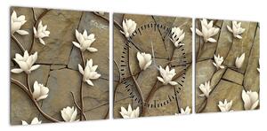 Obraz - Białe magnolie na murze kamiennym (z zegarem) (90x30 cm)