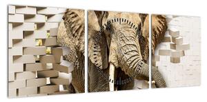 Obraz - słoń taranujący ścianę (z zegarem) (90x30 cm)