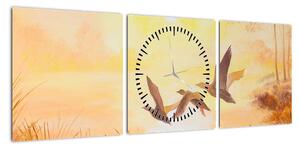Obraz - Żurawie o zachodzie słońca (z zegarem) (90x30 cm)