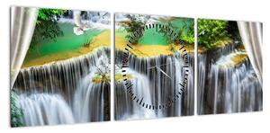 Obraz - Widok magicznych wodospadów (z zegarem) (90x30 cm)
