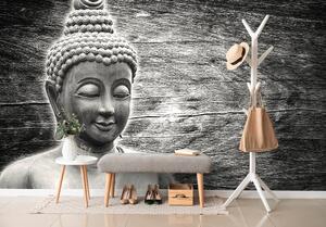 Tapeta czarno-biały posąg Buddy na drewnianym tle