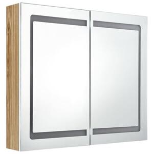Szafka łazienkowa z lustrem i LED, biel i dąb, 80x12x68 cm