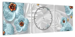 Obraz - 3D niebieskie kwiaty (z zegarem) (90x30 cm)