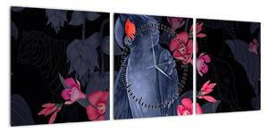 Obraz - Papuga wśród kwiatów (z zegarem) (90x30 cm)