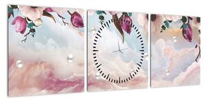 Obraz różowych kwiatów z różowym marmurem (z zegarem) (90x30 cm)