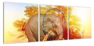 Obraz zwierząt afrykańskich (z zegarem) (90x30 cm)