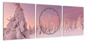 Obraz - Drzewa pod warstwą śniegu (z zegarem) (90x30 cm)