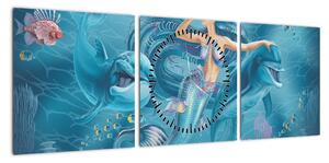 Obraz - Syrenka z delfinami (z zegarem) (90x30 cm)