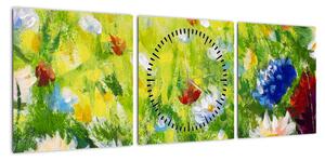 Obraz kwitnącej łąki, obraz olejny (z zegarem) (90x30 cm)