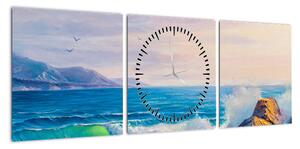 Obraz fal uderzających w klify, obraz olejny (z zegarem) (90x30 cm)